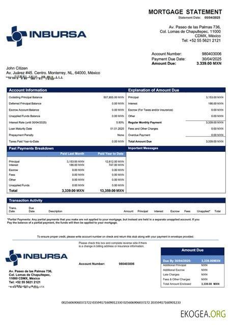 Modèle Word et PDF de relevé hypothécaire de Banco Inbursa au Mexique